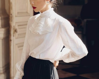 Jabot Collar Blouse - White Linen / Cotton Top with Long Bishop Sleeves
