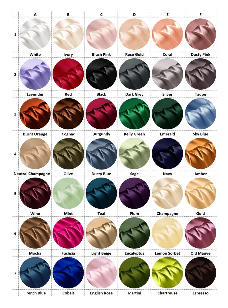 May include: A colour chart displaying 42 fabric swatches in a range of hues, such as white, ivory, red, black, and gold. Each swatch is labelled with its colour name. The swatches are arranged in a grid.