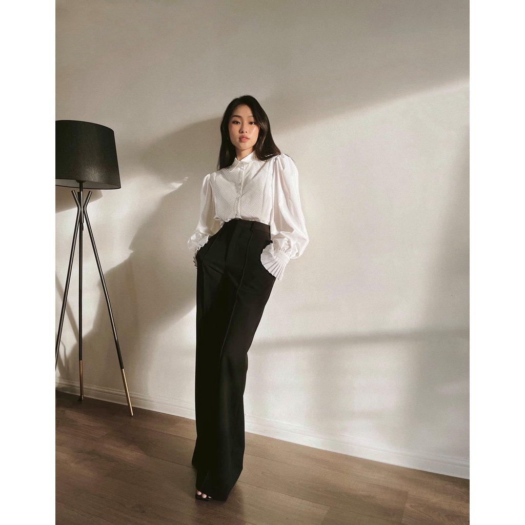 Pleated Cotton Poplin White Blouse with Long Bishop Sleeves