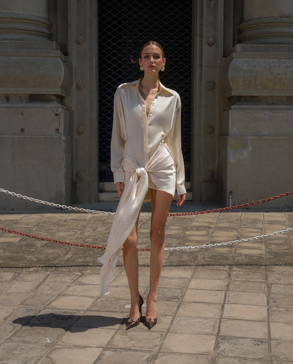 silk shirt dress mini Short Silk Shirt Dress - Casual Mini Dress - Short Event Club Silk Dress - Mini  Dress With Long Sleeves -lady Mini Dress - Collared Dress