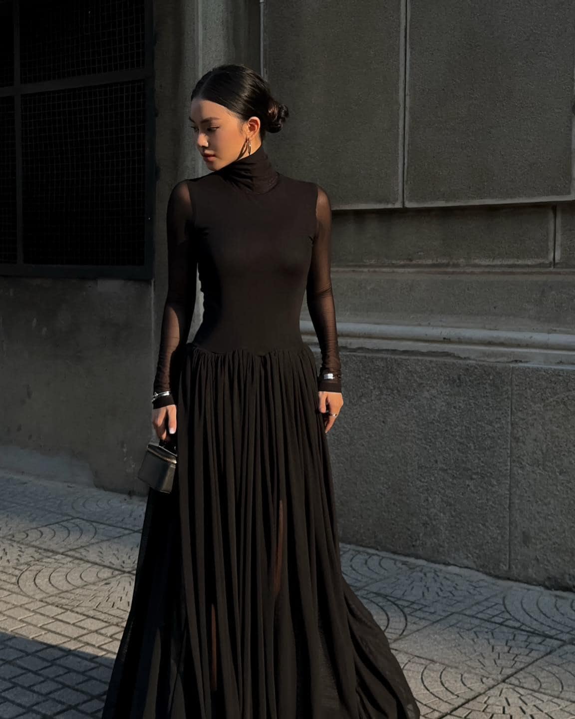 Prom Maxi Dress with High Neckline and Sheer Long Sleeves - Custom Floor Length Women's Gown for Formal and Cocktail Wear in Black