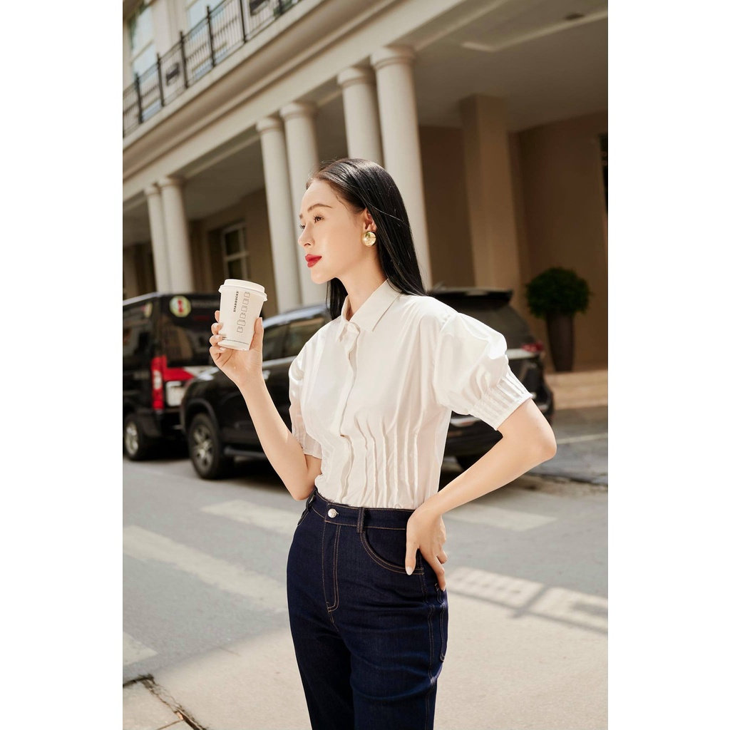 Pleated Linen Blouse - White Cotton Poplin Top