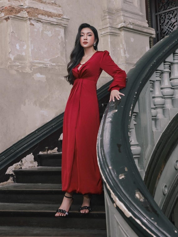 princess polly baby blue dress Twist Front Maxi Dress - Bishop Sleeve Silk Dress - Prom Dress - Dark Red  Dress - Wedding Dress - Bridesmaid Dresses - Casual Long Dress