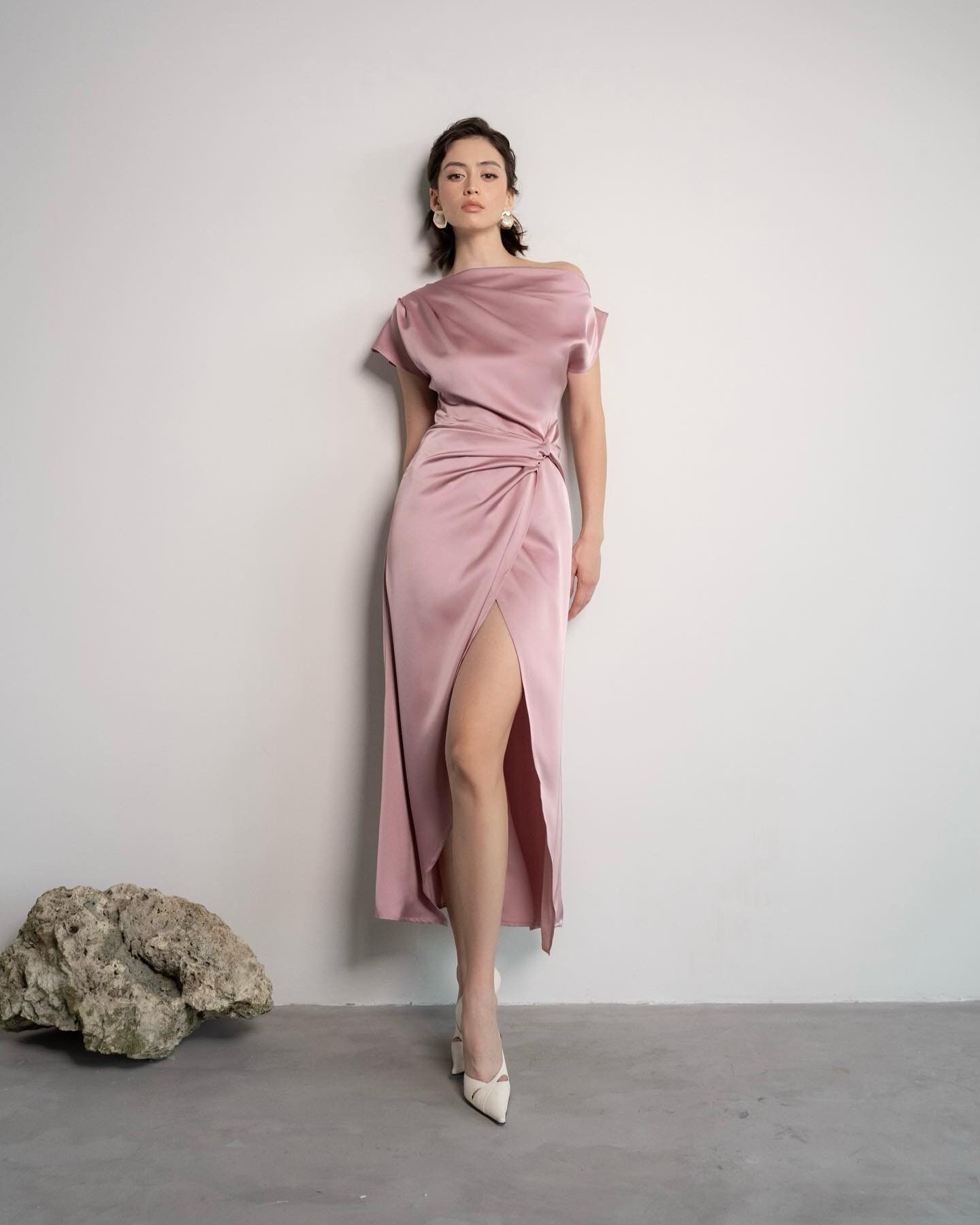One Shoulder Bridesmaid Silk Dress, Evening Dress, Wedding Guest Dress, Slit Dress, , Formal Dress, Twist Waist Long Dress