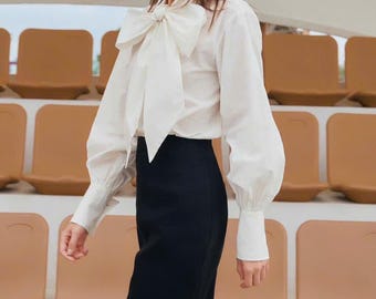 Cotton Poplin Bow Blouse for Women | Custom Long Sleeve Shirt With