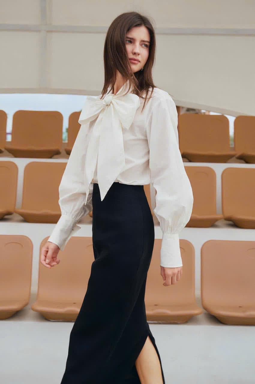 トップス loin. bowtie blouse cotton Cotton Poplin Bow Blouse for Women | Custom Long Sleeve Shirt With