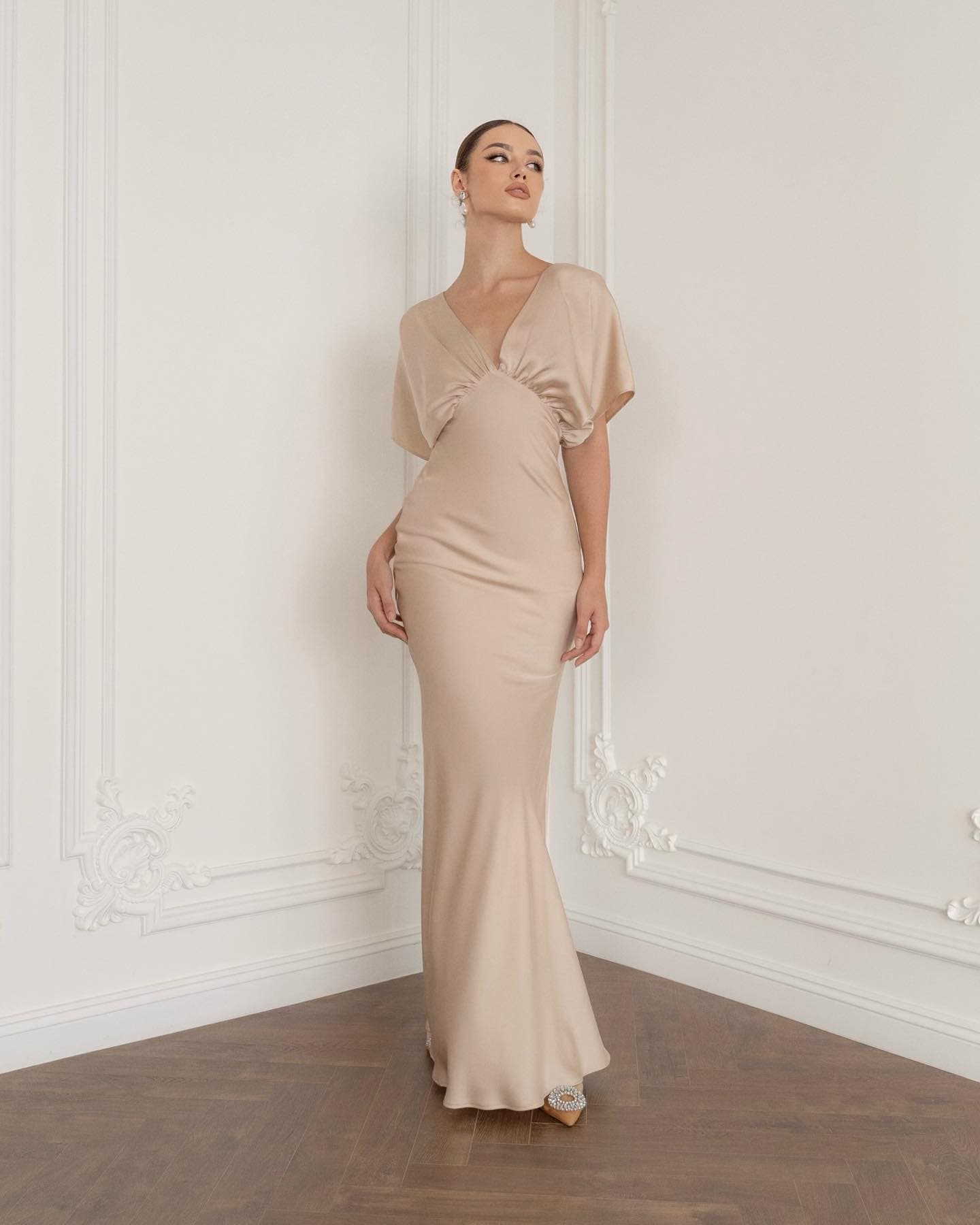 Empire Waist Maxi Dress - Angel Sleeve Maxi Dress - V Neck Long