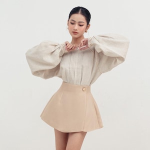 Linen Blouse with Crochet Lace Trim, Puff Sleeves and Pintuck Front – Vintage Inspired Women&#39;s Custom Top - Oversize Linen Shirt