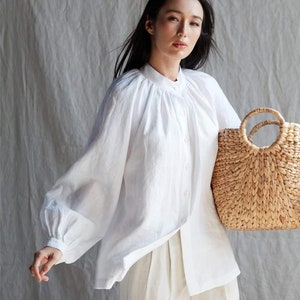 Linen Blouse For Women, Crew Neckline Linen Shirt For Her, White Linen Blouse For Spring, Summer & Fall, Linen Gift For Woman