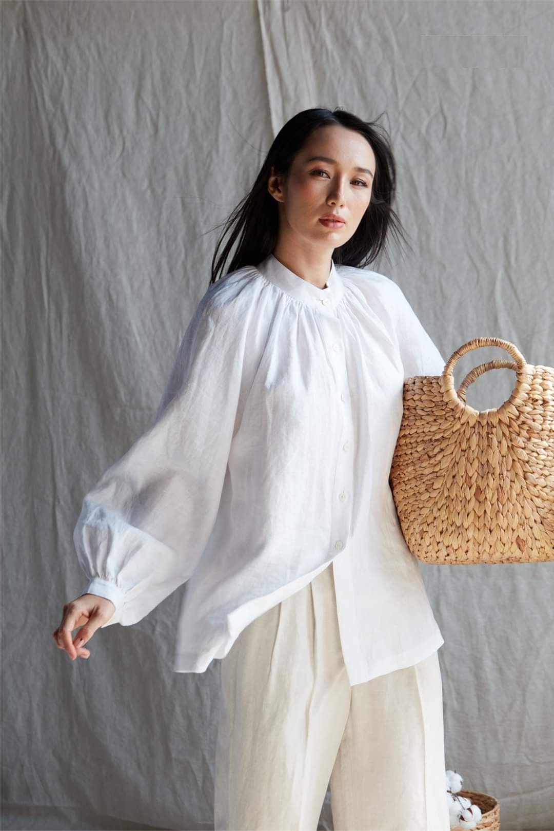Loose Linen Blouse - Bishop Sleeves Women Linen Shirt With Ruched 