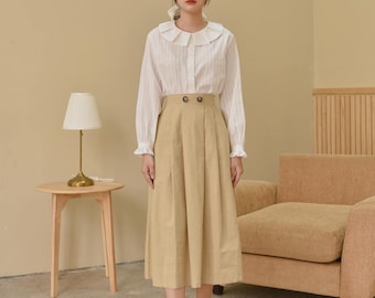 Midi Linen Skirt / High Waist Linen Skirt in Beige / Available in 50 Colors