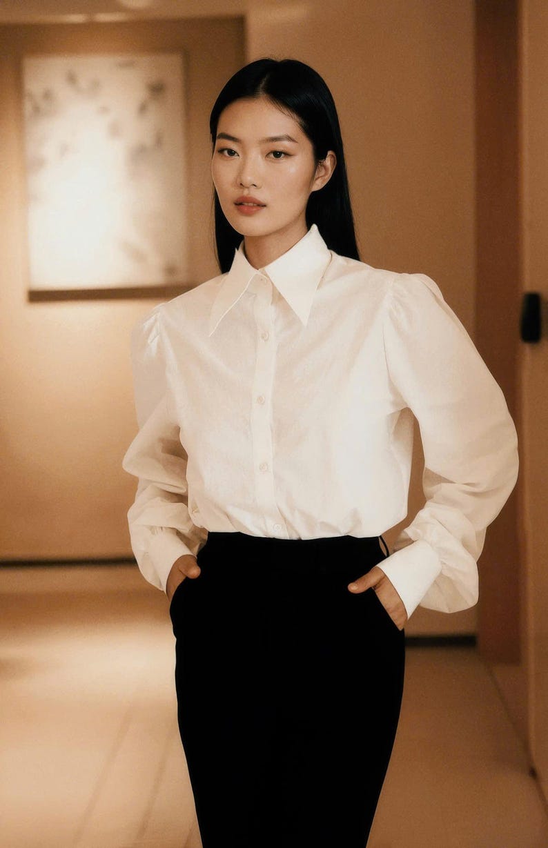 Puede incluir: Una camisa blanca abotonada con cuello ancho y mangas largas, combinada con una falda l&aacute;piz negra. La camisa tiene un dise&ntilde;o de manga ligeramente abullonada. El conjunto es de estilo cl&aacute;sico y elegante.