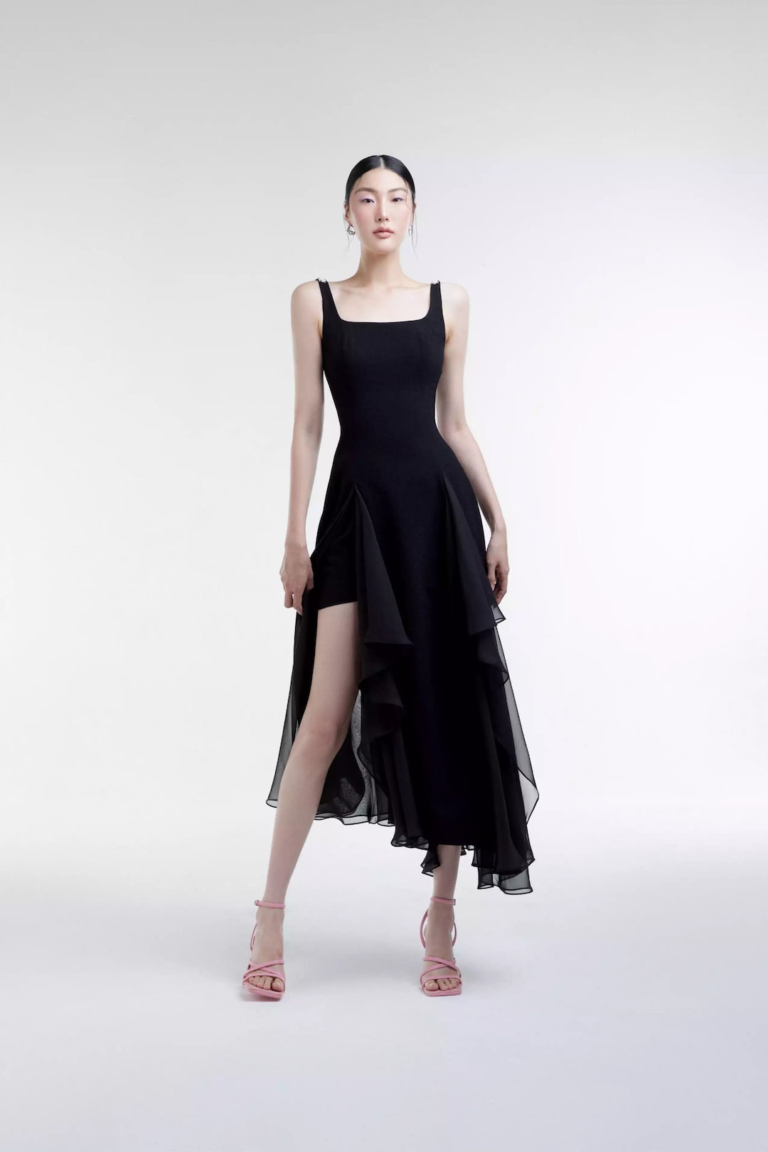 black dress asymmetrical hem Veronica Beard Wyndham Silk Midi Dress | Black