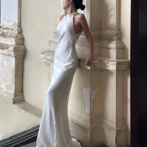 Godet Silk Wedding Dress in White Maxi Pencil Simple Wedding Dress Bridesmaid Dresses Silk Dress Gift For Her Wedding Guest Dress zdjęcie 2