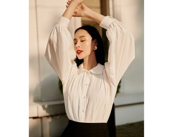 Shirred Linen Blouse - Cotton Poplin Women Blouse - White Linen Top with Long Bishop Sleeves