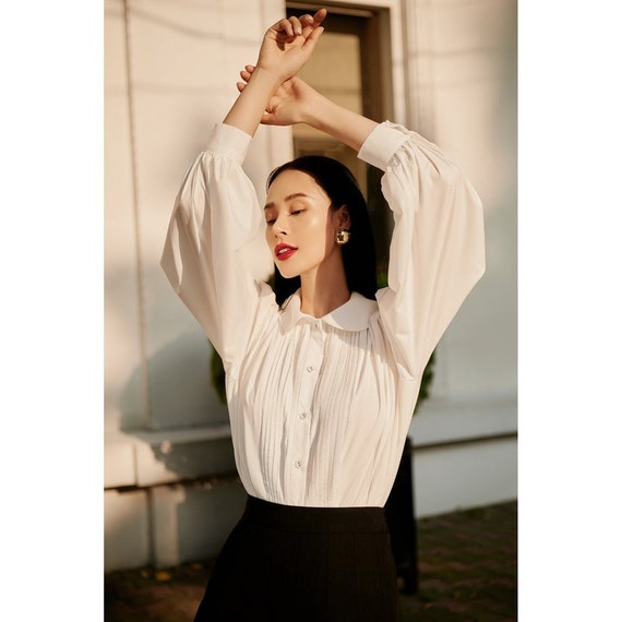 Shirred Linen Blouse - Cotton Poplin Women Blouse - White Linen