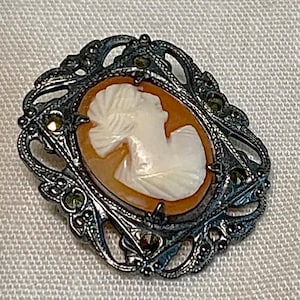 Vintage Cameo Brooch Sterling Silver and Marcasite Miniature Shell Pin