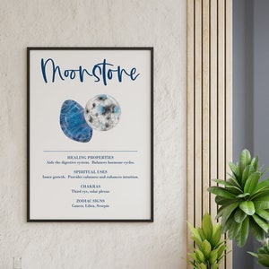 Moonstone Crystal Print / Printable poster enumera las propiedades curativas, los usos espirituales, los chakras y los signos del zodiaco asociados con esta piedra.