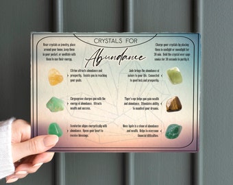 Healing Crystals For Abundance| Printable card lists 6 stones that attract abundance, wealth, and prosperity along with the crystal meanings