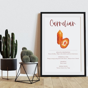 Carnelian Crystal Print | Printable poster lists healing properties, spiritual uses, chakras, and zodiac signs associated with this stone.