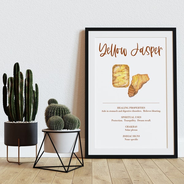 Yellow Jasper Crystal Print | Printable, lists healing properties, spiritual uses, chakras, and zodiac signs associated with this stone.