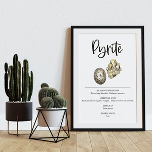 El póster de pyrite Crystal Print / Printable enumera las propiedades curativas, los usos espirituales, los chakras y los signos del zodiaco asociados con esta piedra.