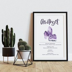 Amethyst Crystal Print / Printable poster enumera las propiedades curativas, los usos espirituales, los chakras y los signos del zodiaco asociados con esta piedra.