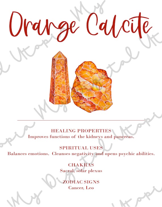 Orange Calcite Crystal Print Printable Lists Healing Properties Spiritual Uses Chakras and Zodiac Signs Associated With This Stone. Etsy Canada