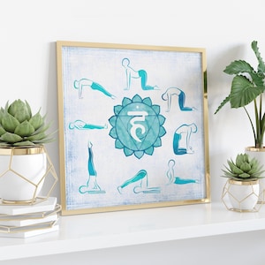 Throat Chakra Yoga Poses Poster | This printable poster shows several yoga poses to open your throat chakra | Digital download