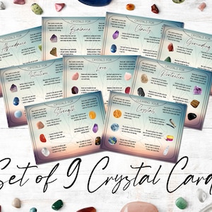 Cartes de signification de cristal | Ensemble imprimable de 9 cartes répertoriant les cristaux de guérison, leur signification et une carte bonus pour nettoyer vos cristaux.