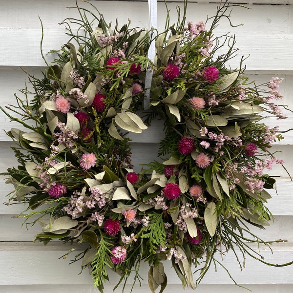 Duftender Osterkranz Türkranz pink -rosé Trockenblumenkranz  mit Strohblumen Wanddeko Tischkranz   Naturkranz