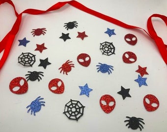 Handmade table confetti shapes/decorations, Spiderman themed, black, red and blue, pack of 35