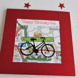 Handmade die cut bike, grass and map of your choice birthday card, 5 x 5 inches, can be personalised