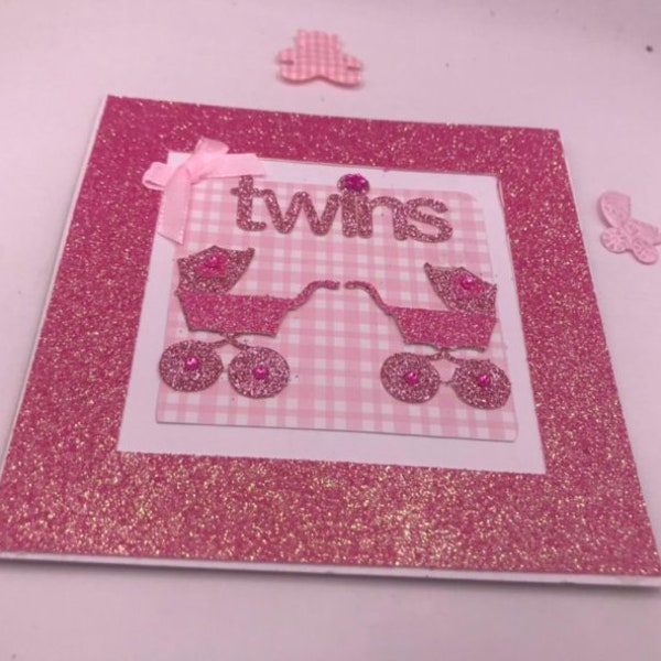 Handmade die cut baby girl twins, 5x5 ins, two pink glitter prams, can be personalised inside