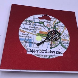Handmade die cut male or female birthday card, tennis racquet, ball, baseball cap and map of choice, 5x5 ins, can personalise if required