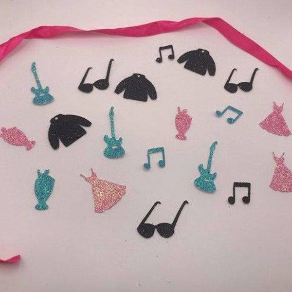 Handmade table confetti shapes/decorations, 1950's, Rock and Roll themed, black, pink & turquoise, pack of 35