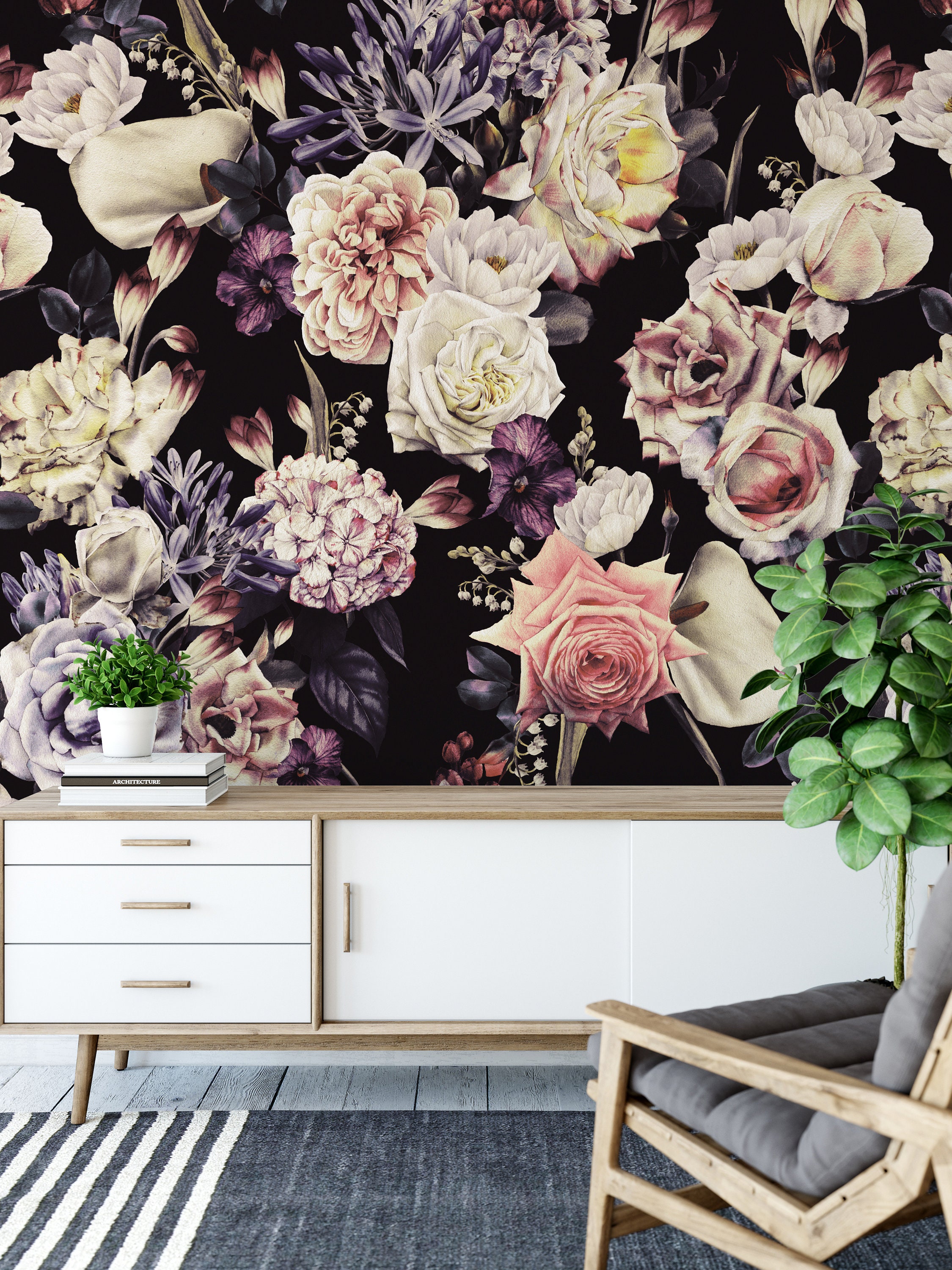 Beautiful Dark Flower Wallpaper Mural With Watercolor Flower Etsy