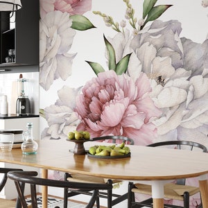 Removable Bright Peony Flower Wallpaper Mural with watercolor peony blossoms