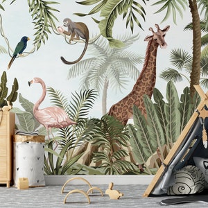 Safari Wallpaper with exotic animals, Peel and Stick, flamingo, giraffe, jungle, monkey, tropical, watercolor, leaves, nursery, kids