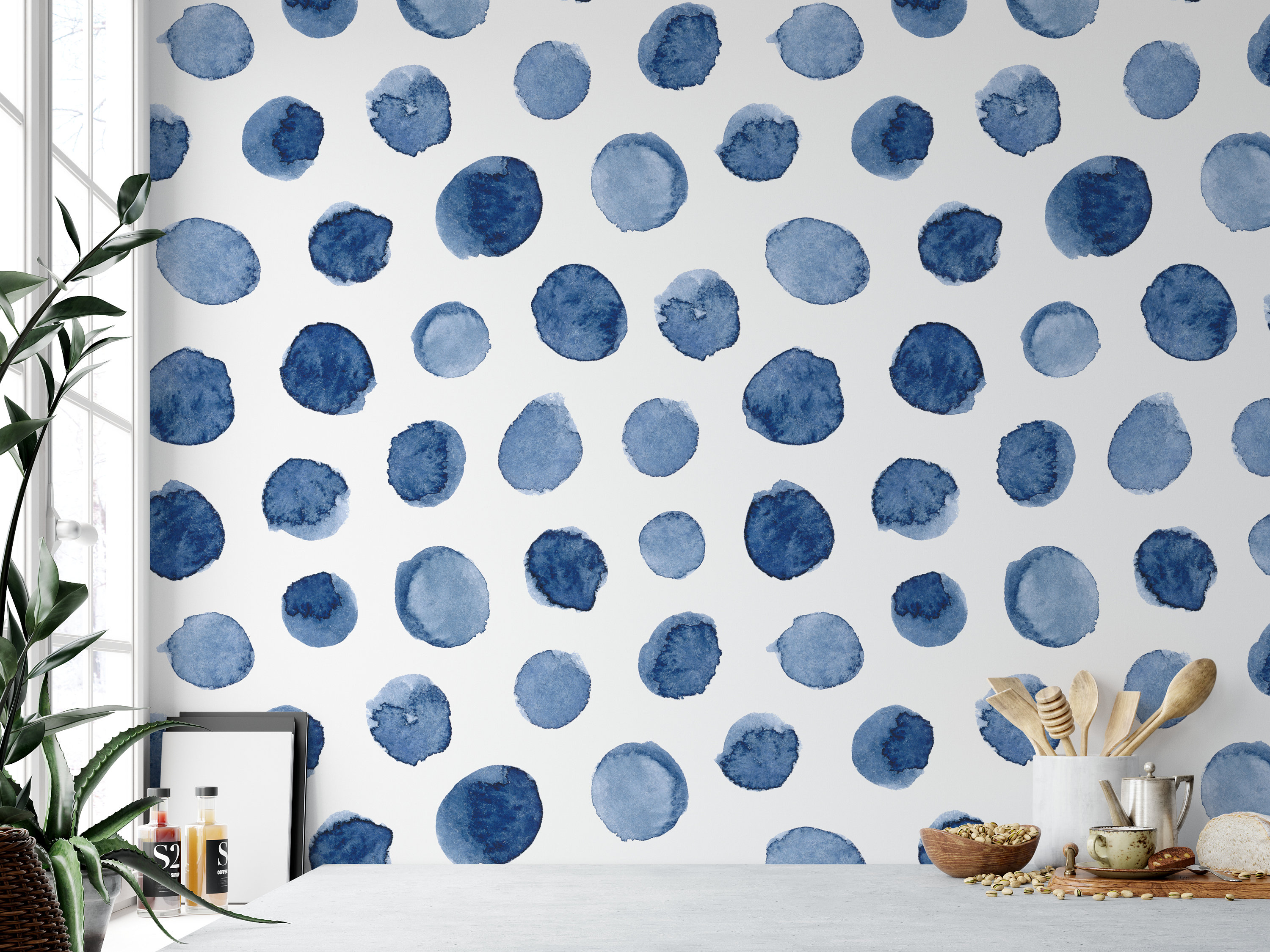 Indigo Blue Watercolor Dots Peel and Stick Removable Wallpaper