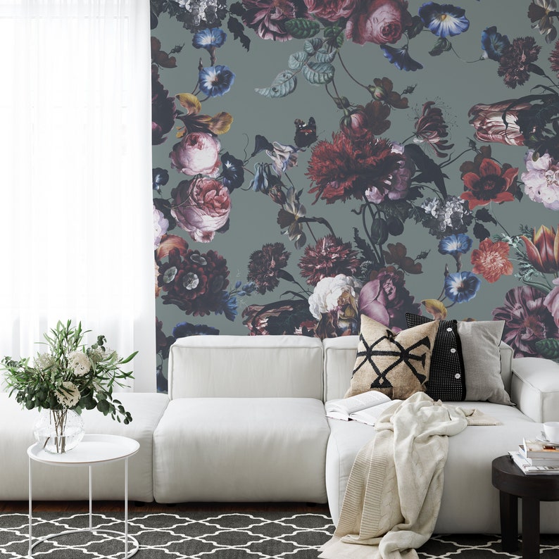 Dark Dutch Floral Wallpaper Peel and Stick Option With Etsy