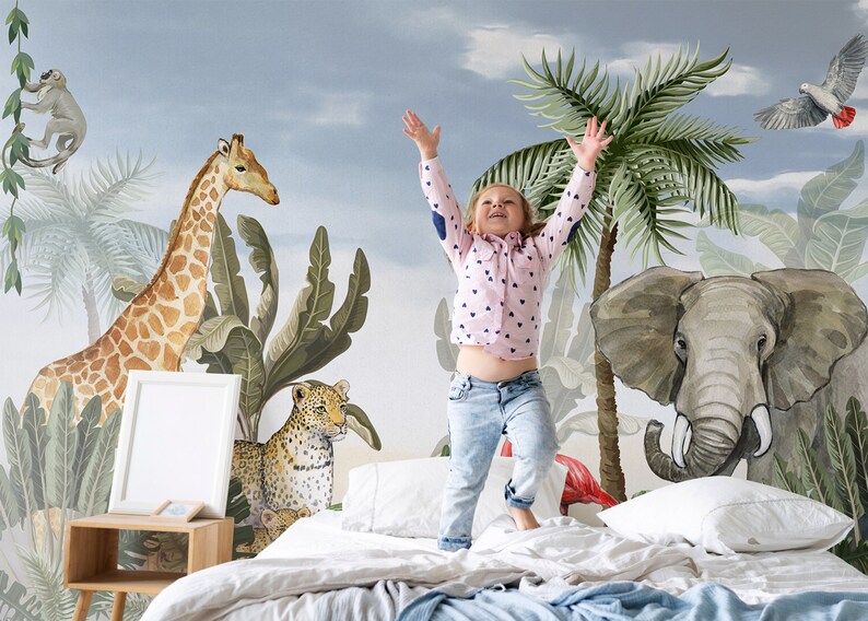 Safari Wallpaper With Wild Animals Self Adhesive Flamingo Etsy UK