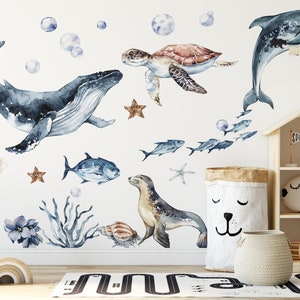 Ocean Animals Wall Decal for Kids and Nursery, Sticker Set, Dolphin, Shark, Turtle, Watercolor, Peel and stick