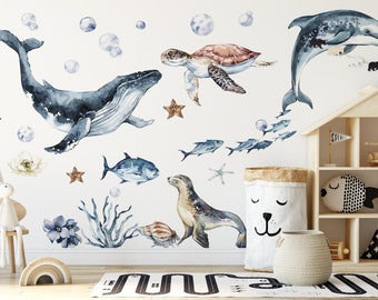 Ocean Animals Wall Decal for Kids and Nursery, Sticker Set, Dolphin, Shark, Turtle, Watercolor, Peel and stick