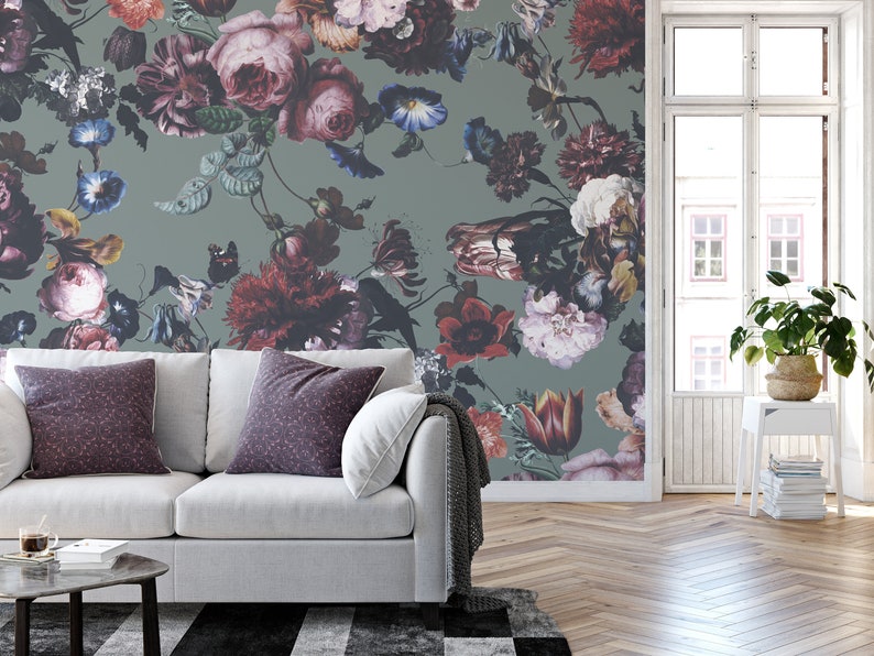 Dark Dutch Floral Wallpaper Peel and Stick Option With Etsy