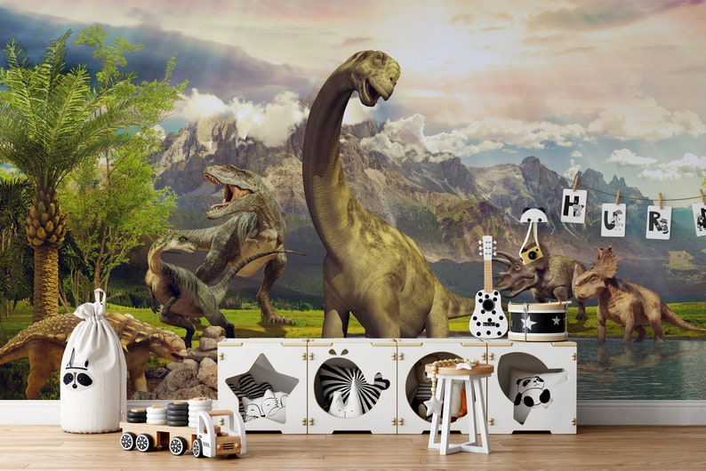 Removable Dino Wallpaper With Illustrated Dinosaurs Etsy