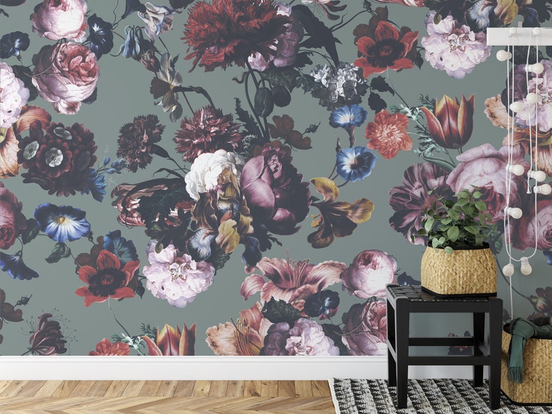 Dark Dutch Floral Wallpaper Peel and Stick Option With Etsy
