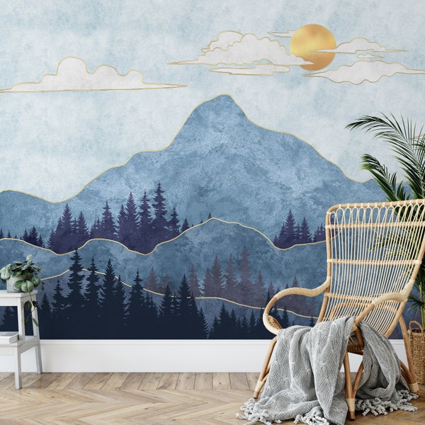 Misty Mountain Landscape Mural Wallpaper In Serene Green - View #7