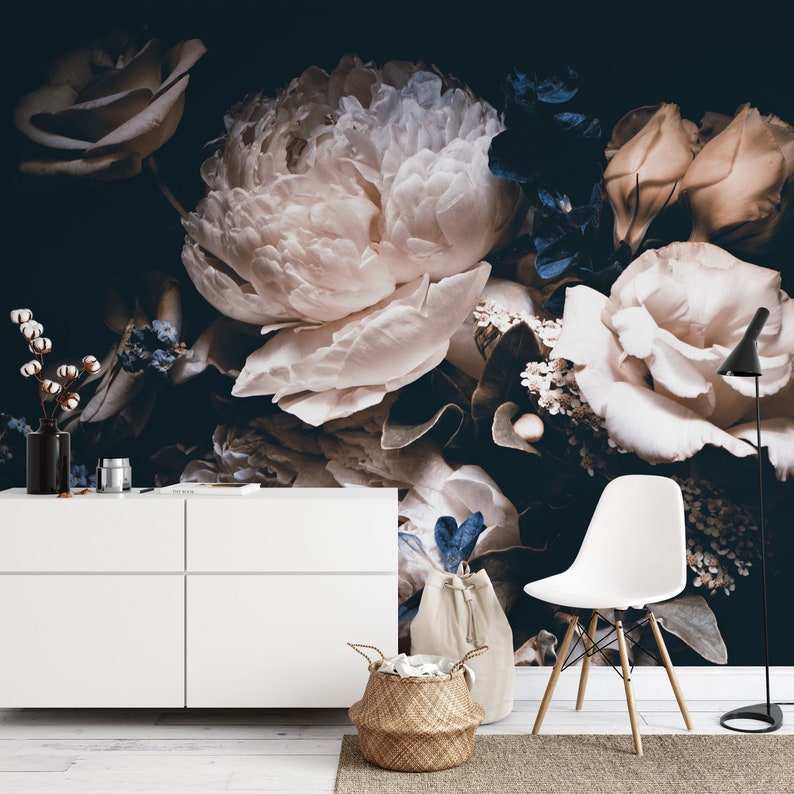 Dark Peony Flower Wallpaper Big Rose Wall Art Mural Etsy