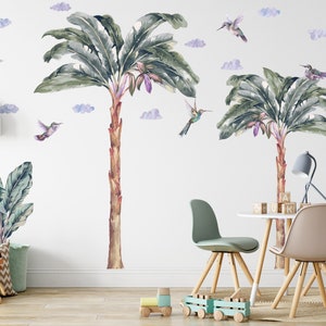 Big Tropical Decal Set with Watercolor Palm Trees, Birds and Animal Wall Sticker